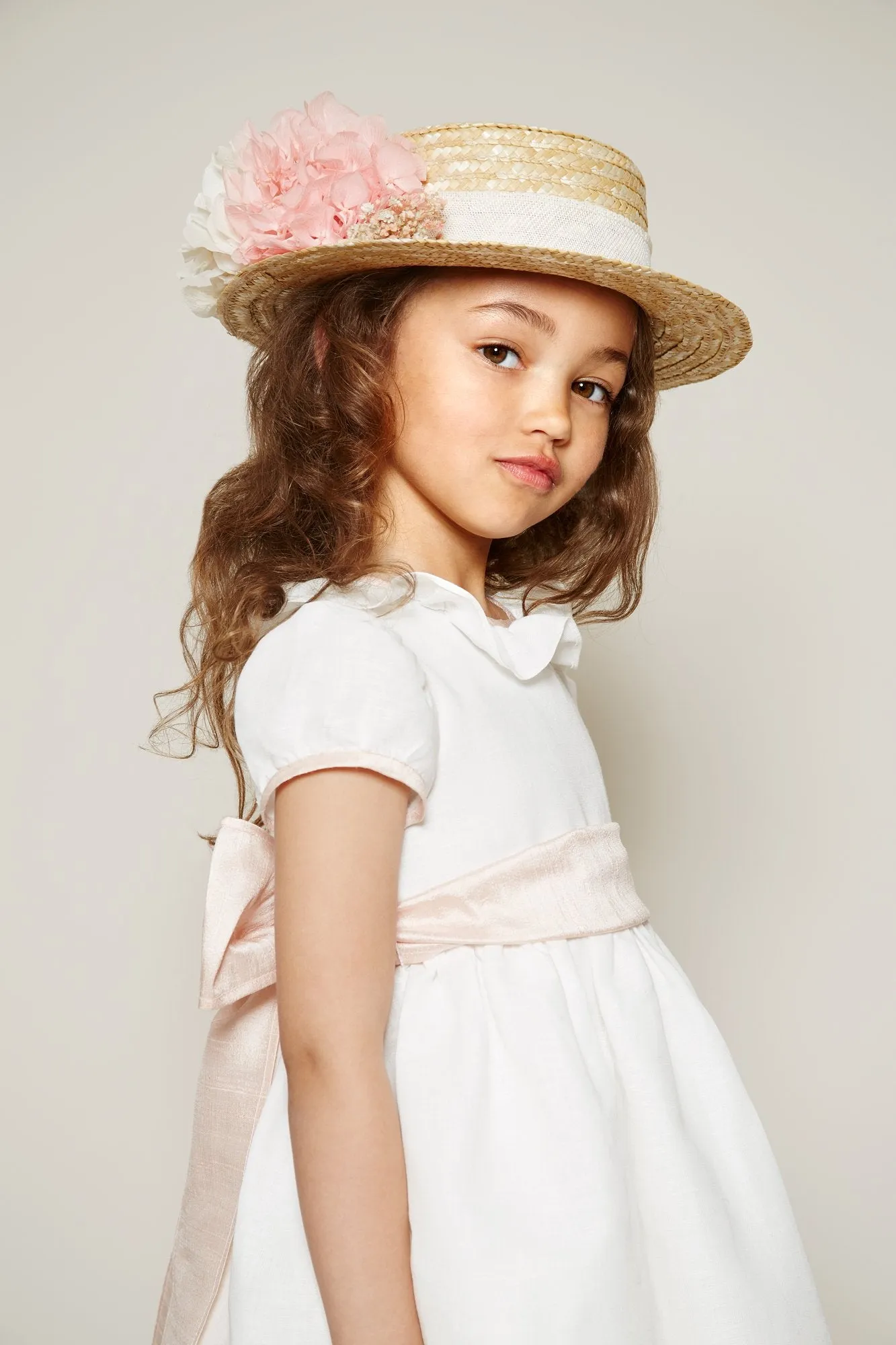 Flower Girl Ivory Dress with Pink Silk Sash (12mths-10yrs)