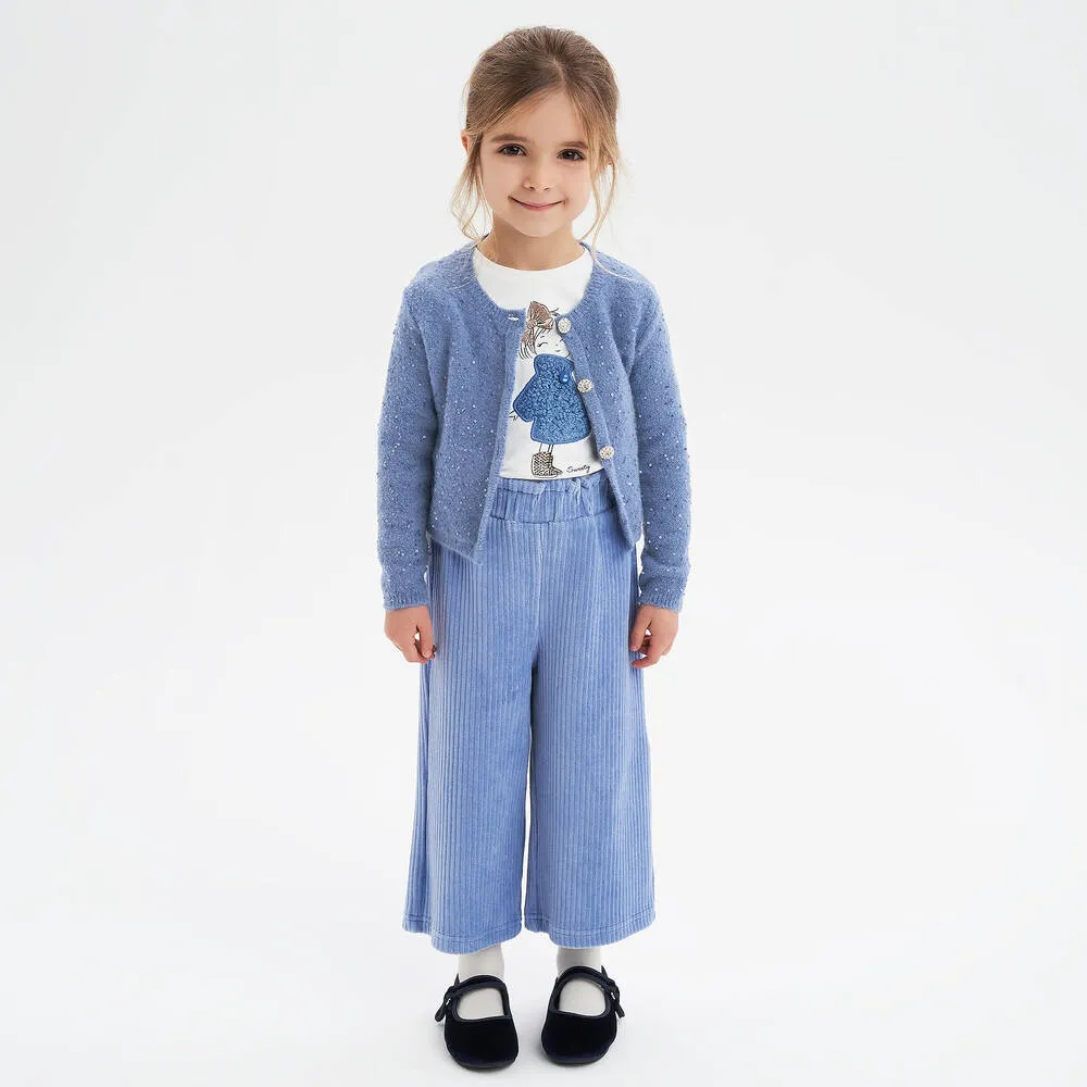 Girls Blue Ribbed Velour Culottes 