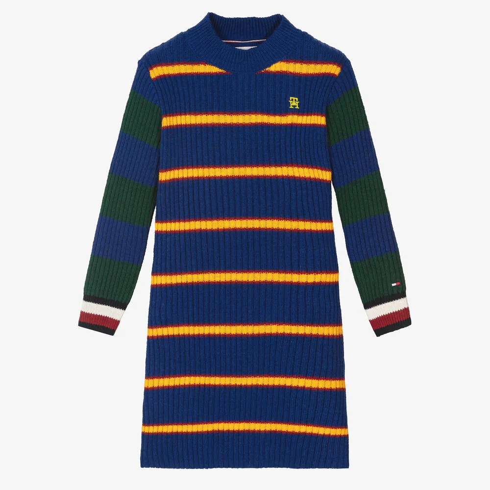 Girls Blue Striped Cotton Knit Dress