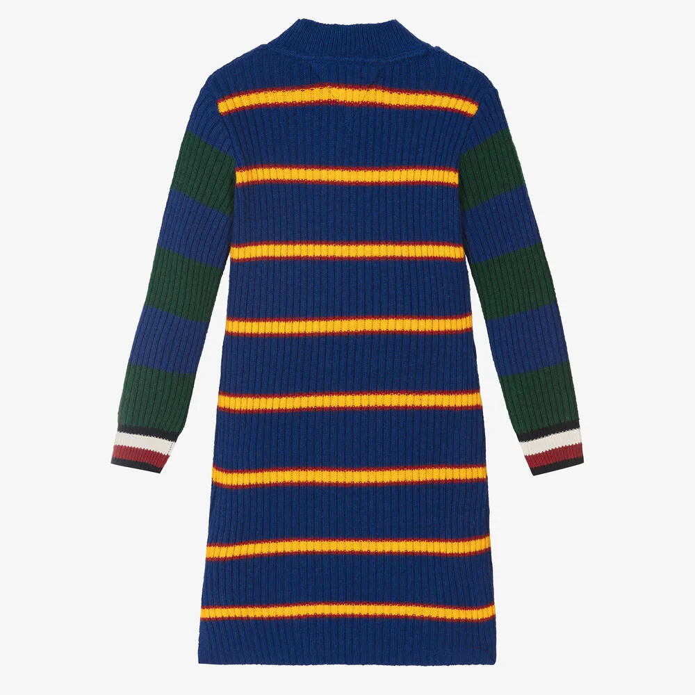 Girls Blue Striped Cotton Knit Dress