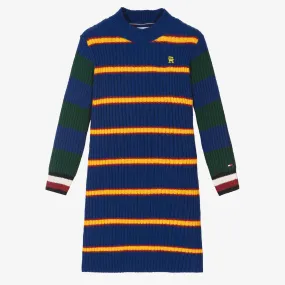 Girls Blue Striped Cotton Knit Dress