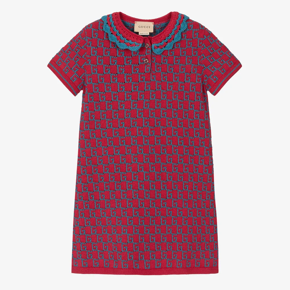 Girls Red & Blue Cotton Knit Dress