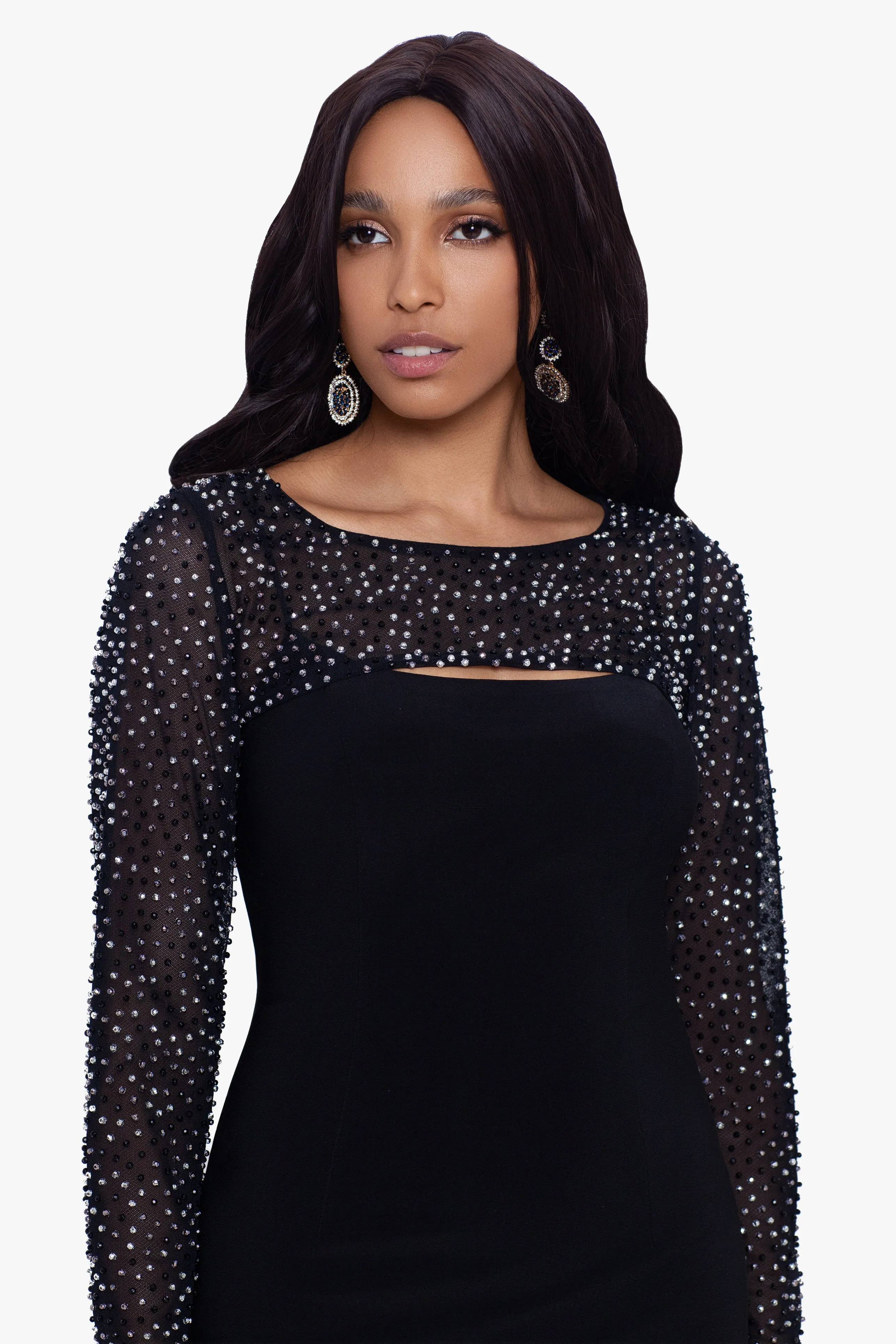 Haisley Long Jersey Knit Faux Shrug Beaded Dress