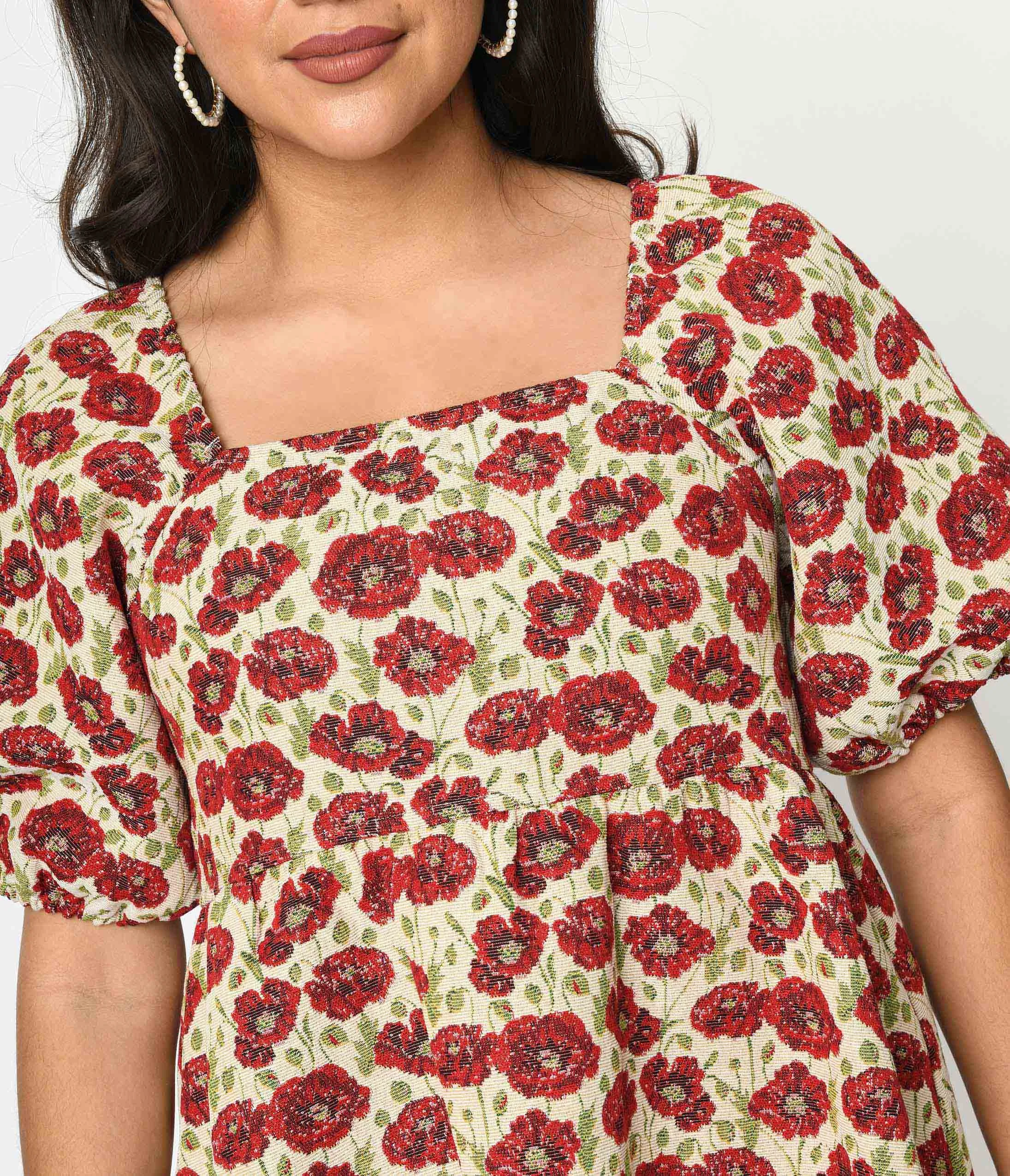 Ivory & Red Floral Kiss Jacquard Fit & Flare Dress