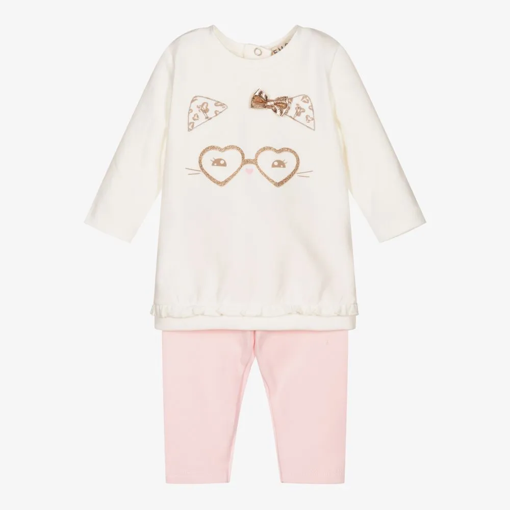 Ivory & Pink Cat Leggings Set