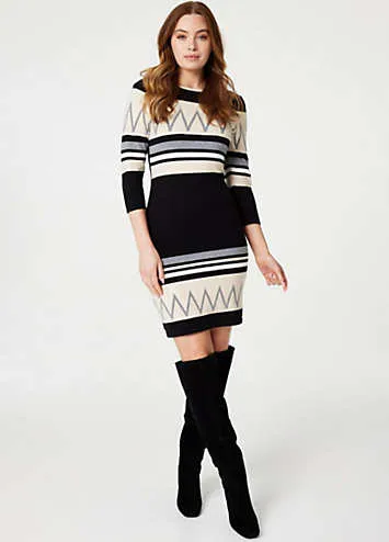 Izabel London Black Multi Stripy Three-Quarter Sleeve Knit Dress | Grattan