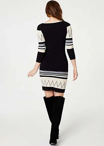 Izabel London Black Multi Stripy Three-Quarter Sleeve Knit Dress | Grattan