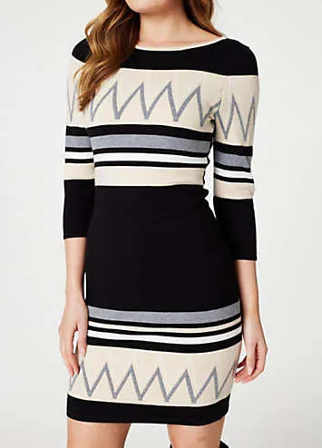 Izabel London Black Multi Stripy Three-Quarter Sleeve Knit Dress | Grattan