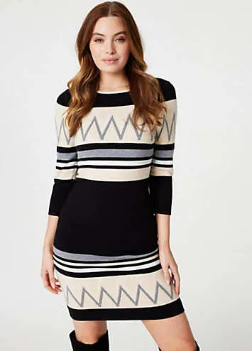 Izabel London Black Multi Stripy Three-Quarter Sleeve Knit Dress | Grattan