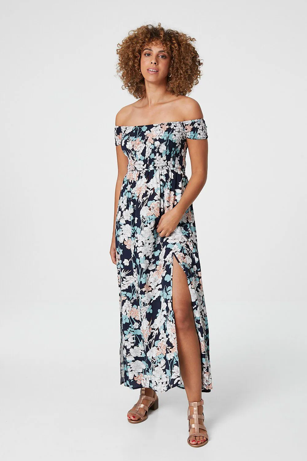 Izabel London – Floral Bardot Shirred Maxi Dress