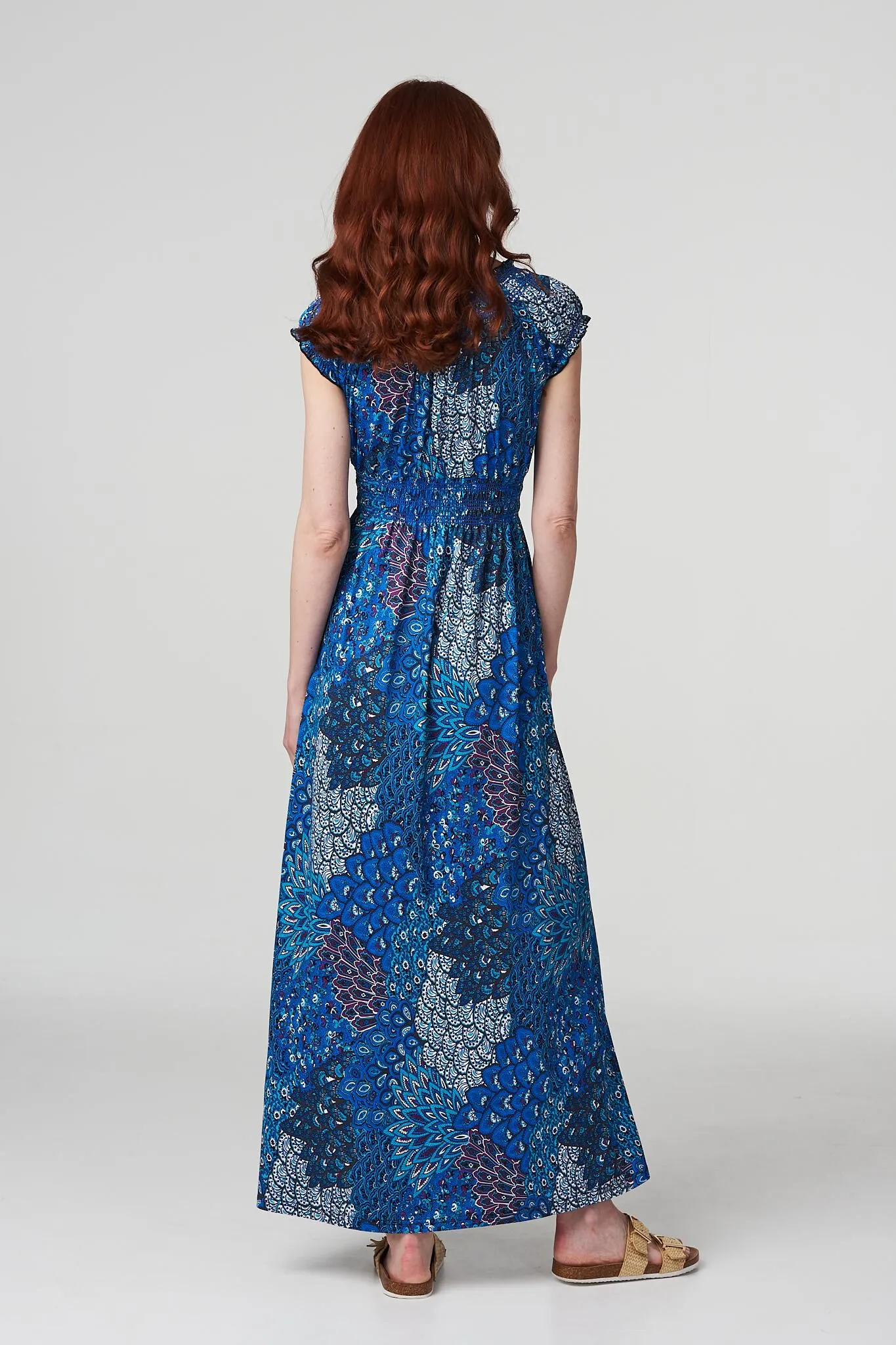 Izabel London - Peacock Print V-Neck Maxi Dress