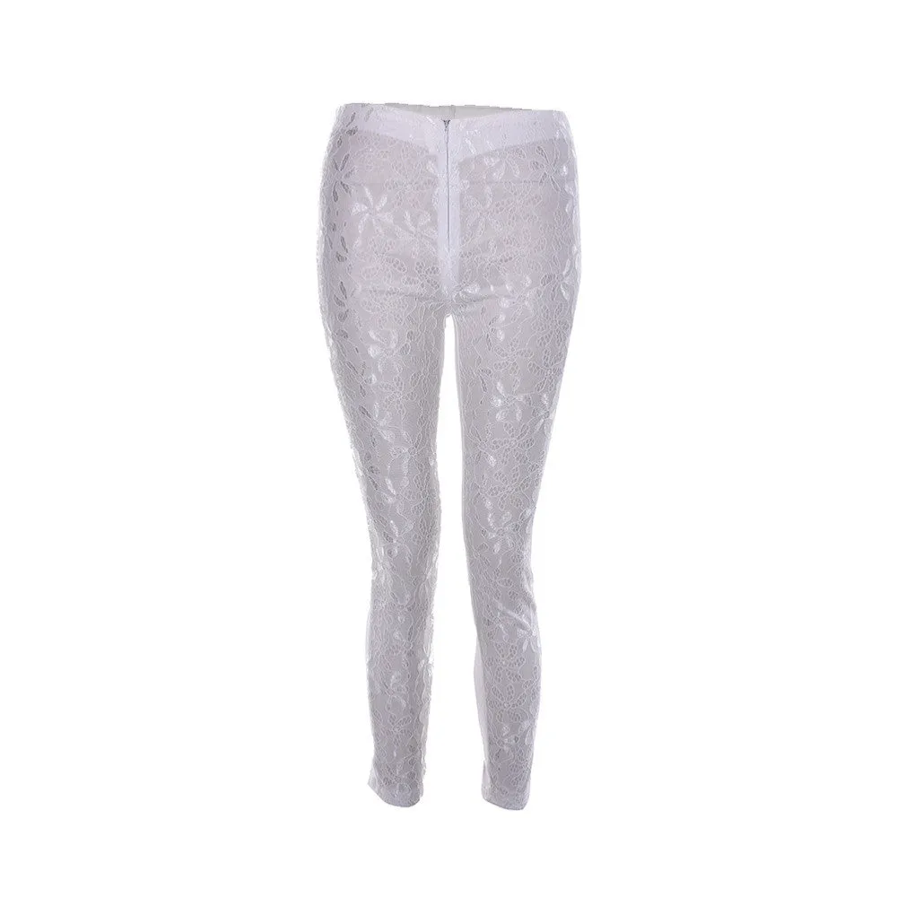 Lace Women Skinny Slim Stretch High Waist Leggings Trousers Pencil Pants white black SM6