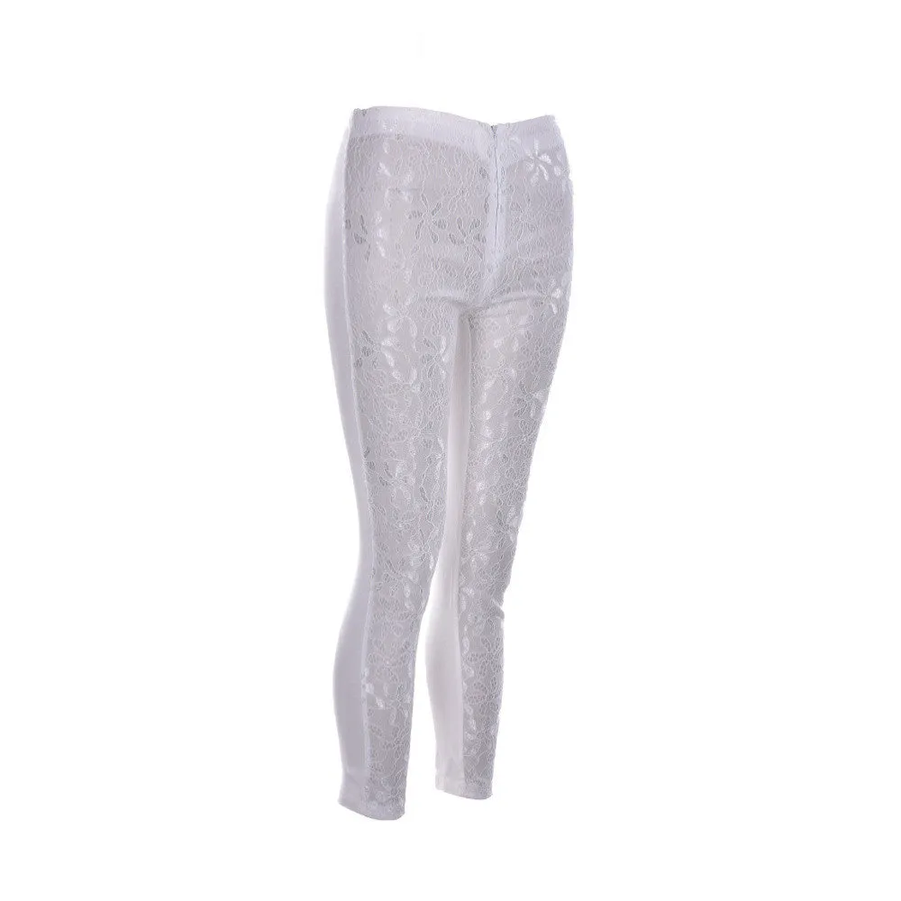 Lace Women Skinny Slim Stretch High Waist Leggings Trousers Pencil Pants white black SM6