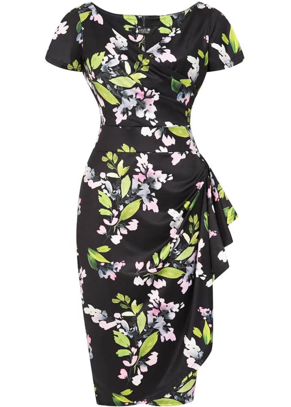 Lady V Elsie Night Floral 50's Pencil Dress Black