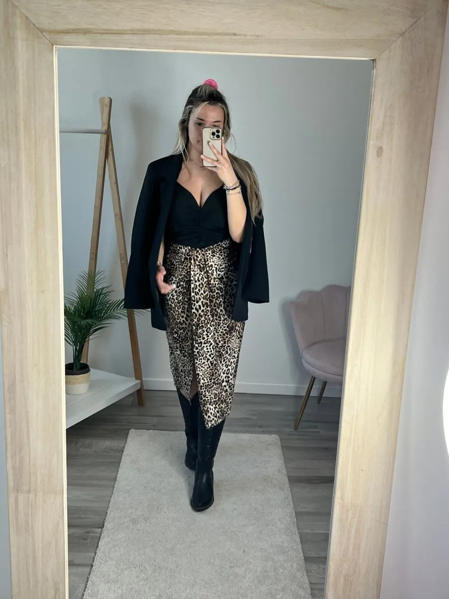 Longuette drappeggiata animalier con spacco