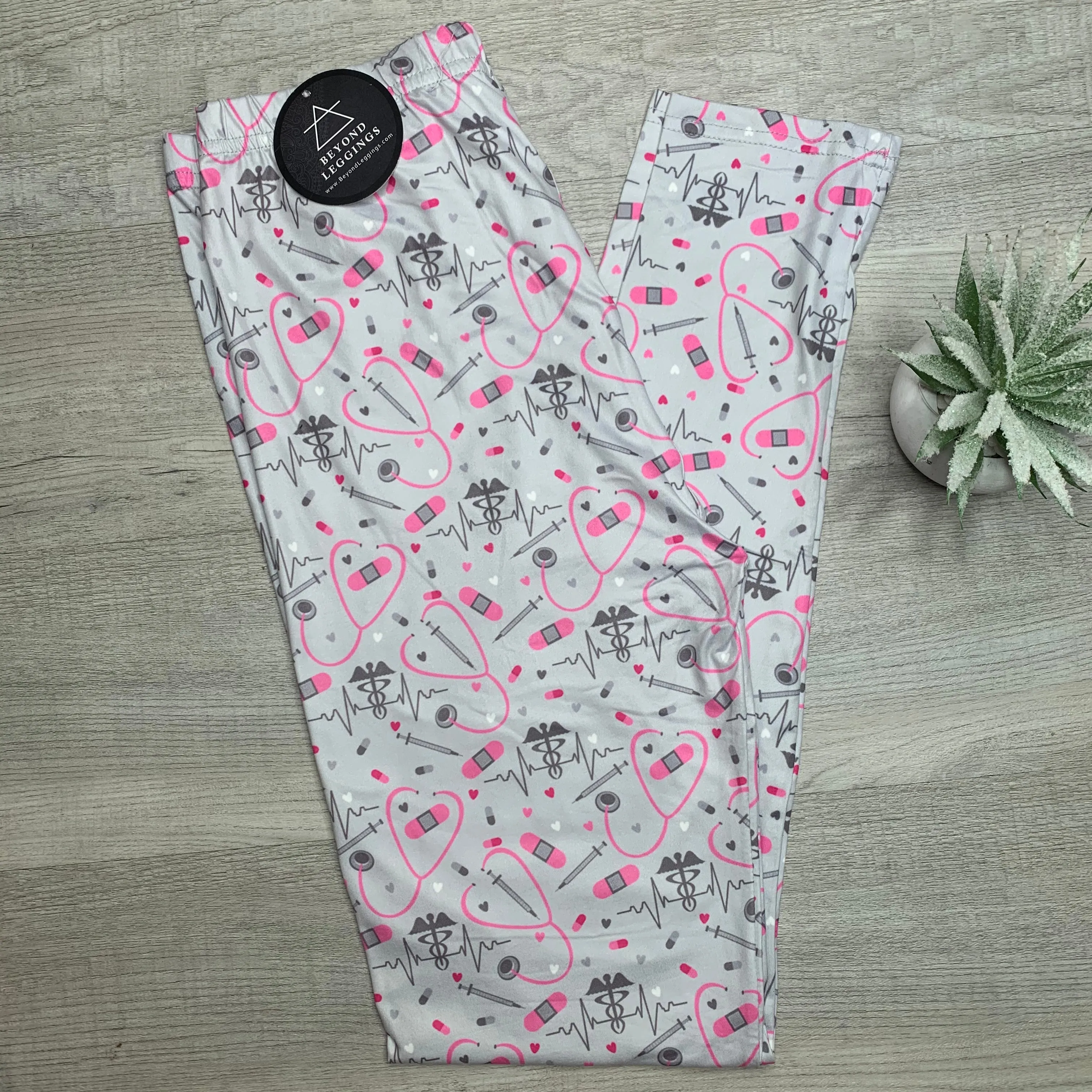 Medical Profession-Themed Leggings - Soft and Stretchy, Gray with Pink & White Accents - Comfortable Scrubs Alternative