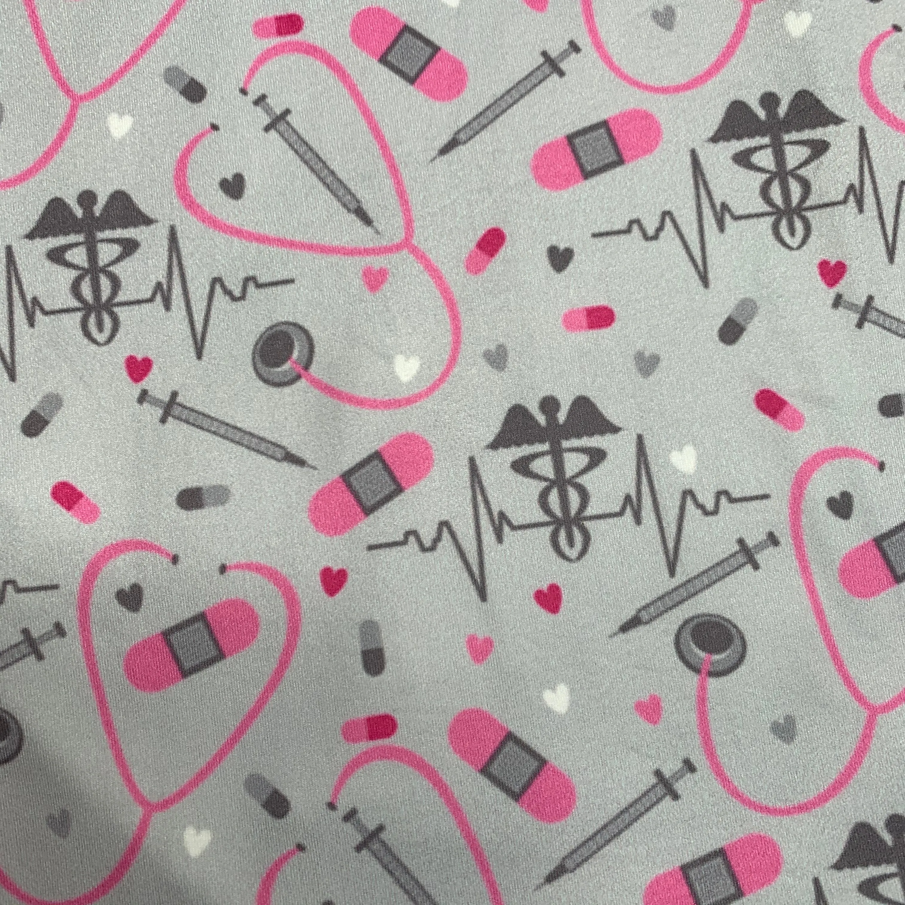 Medical Profession-Themed Leggings - Soft and Stretchy, Gray with Pink & White Accents - Comfortable Scrubs Alternative