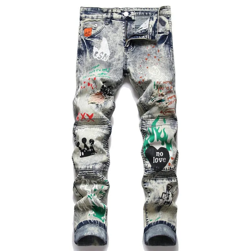 Men's Punk Style Urban Ripped Print Pattern Mid-waist Skinny Jeans