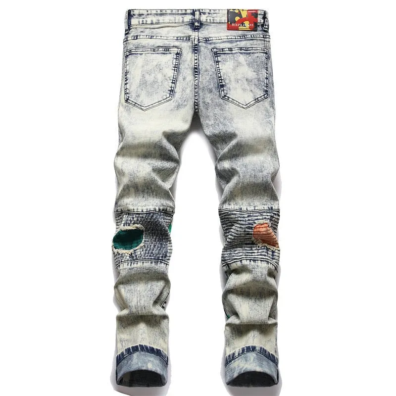 Men's Punk Style Urban Ripped Print Pattern Mid-waist Skinny Jeans