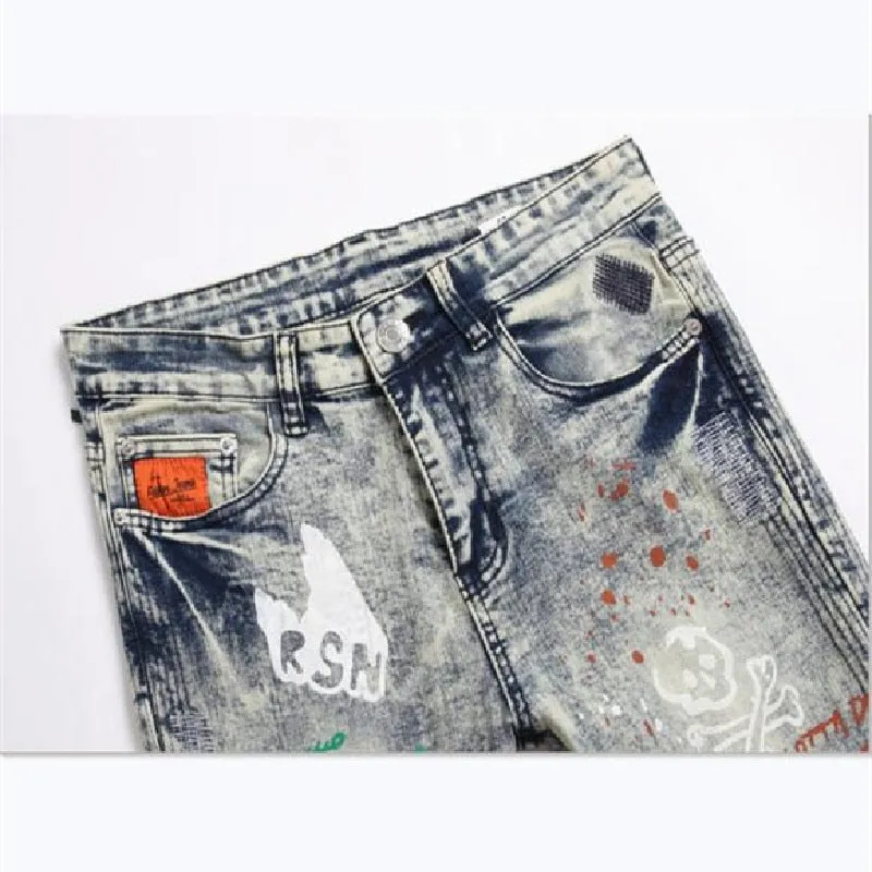 Men's Punk Style Urban Ripped Print Pattern Mid-waist Skinny Jeans