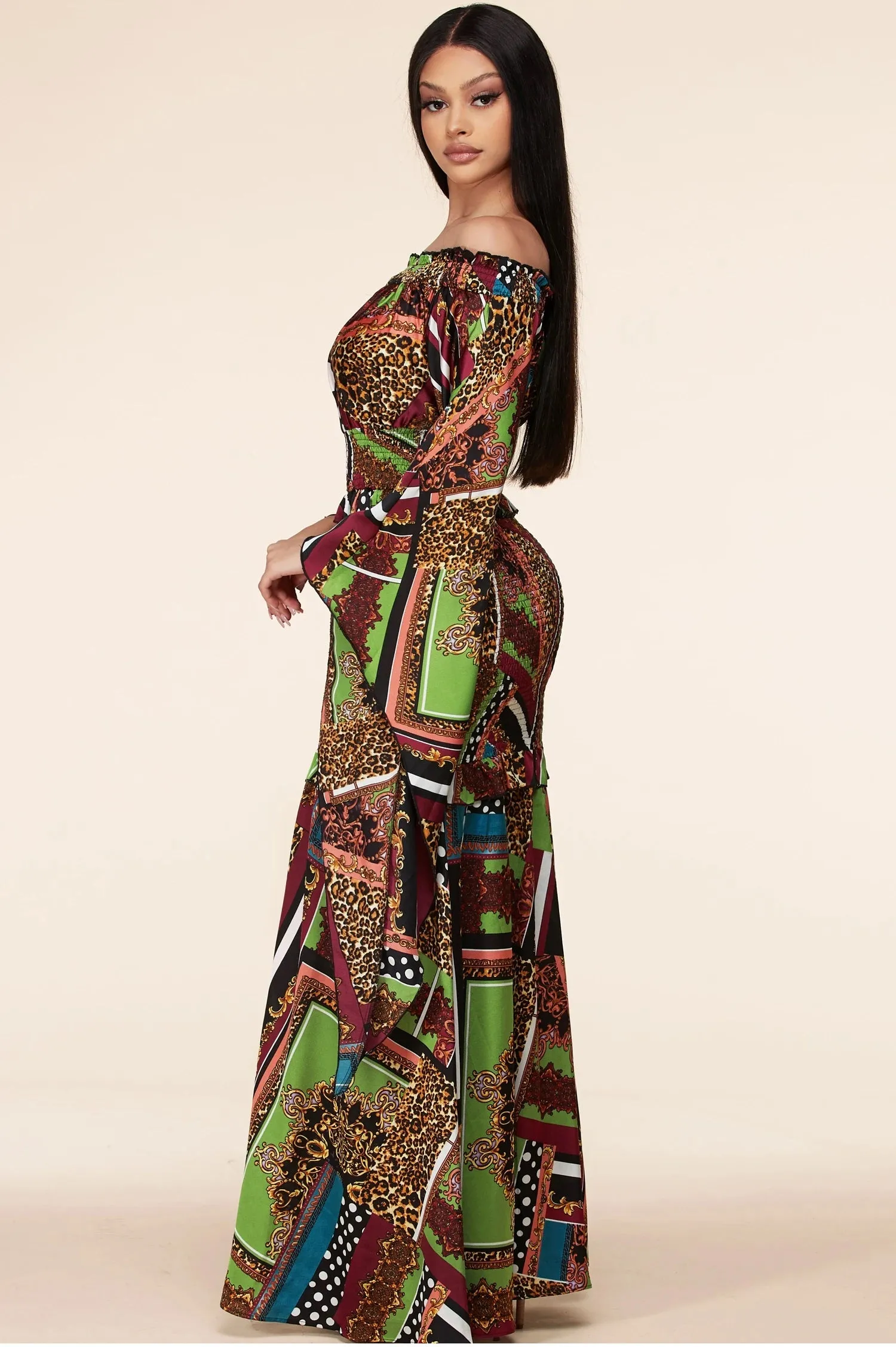 Mix Pattern Multi-Color Maxi Dress With Kimono Sleeves