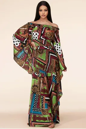 Mix Pattern Multi-Color Maxi Dress With Kimono Sleeves