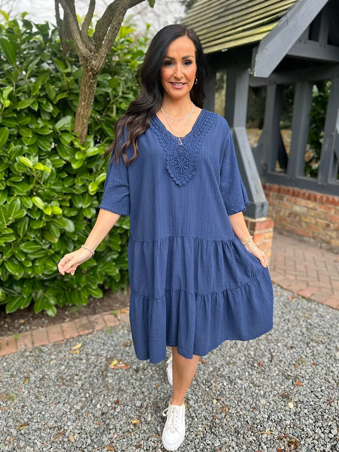 Navy Crochet Tiered Tunic Dress Brenda