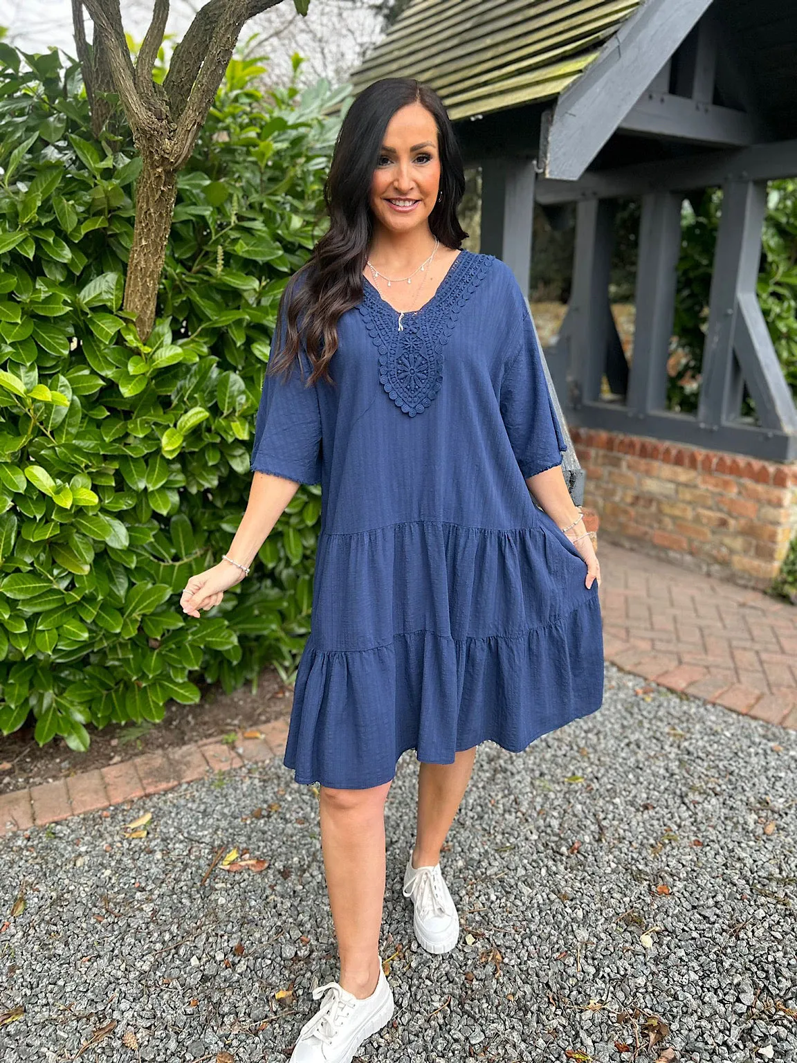 Navy Crochet Tiered Tunic Dress Brenda