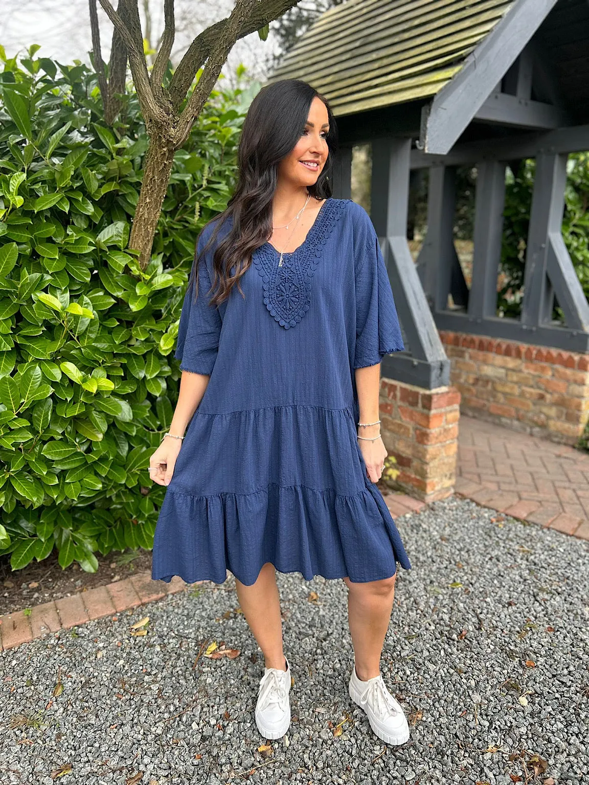 Navy Crochet Tiered Tunic Dress Brenda