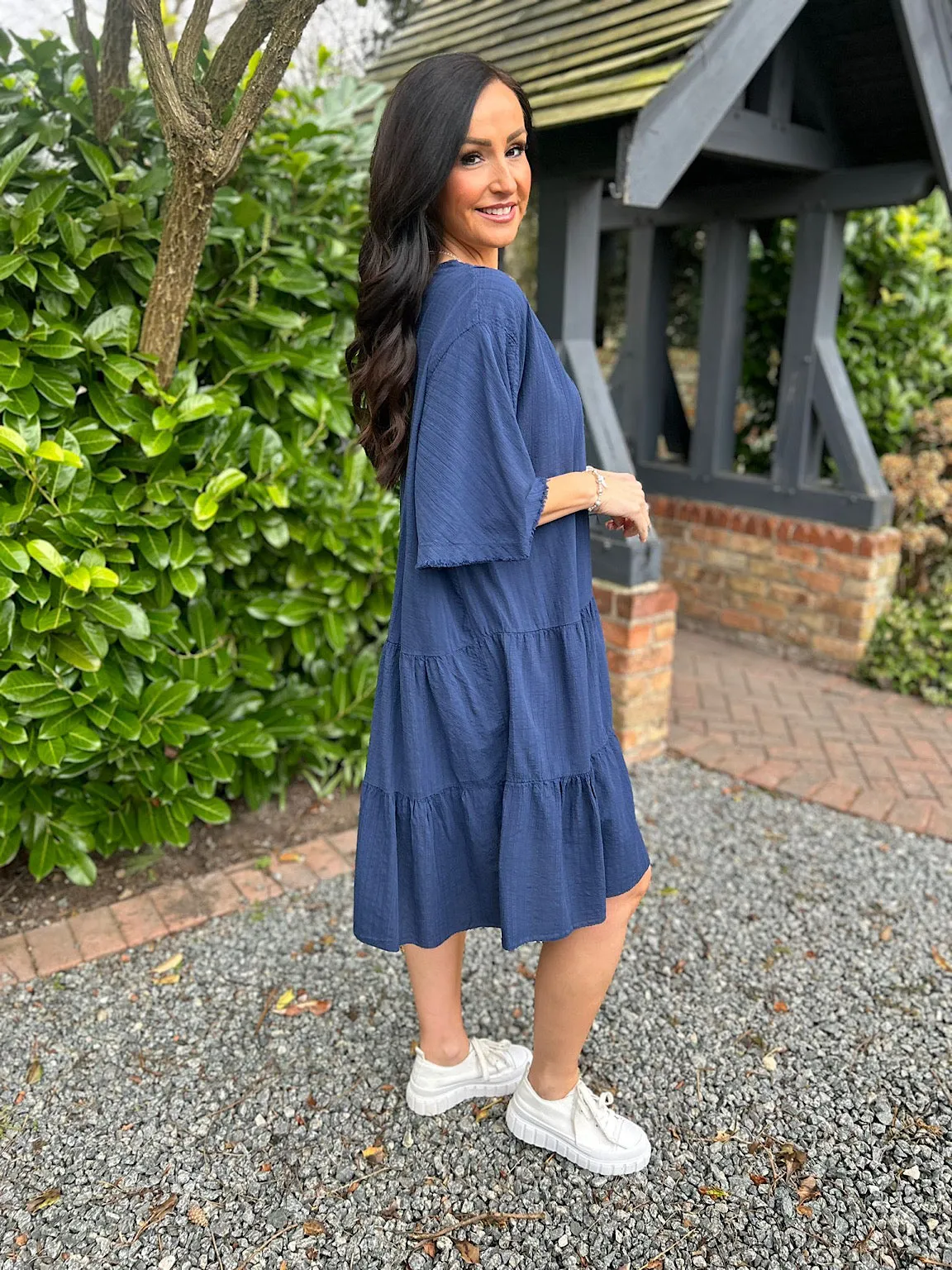 Navy Crochet Tiered Tunic Dress Brenda