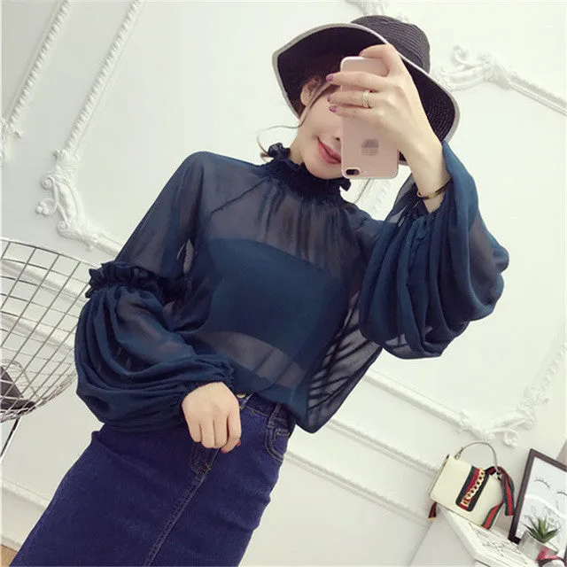 New Female Korea Style Fashion Chiffon Blouses With Wrapped Chest Sexy Shirt woman Blouse Lantern Sleeve Tops 72475 GS