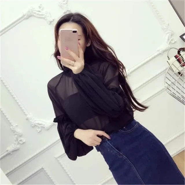 New Female Korea Style Fashion Chiffon Blouses With Wrapped Chest Sexy Shirt woman Blouse Lantern Sleeve Tops 72475 GS