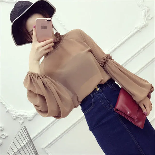 New Female Korea Style Fashion Chiffon Blouses With Wrapped Chest Sexy Shirt woman Blouse Lantern Sleeve Tops 72475 GS