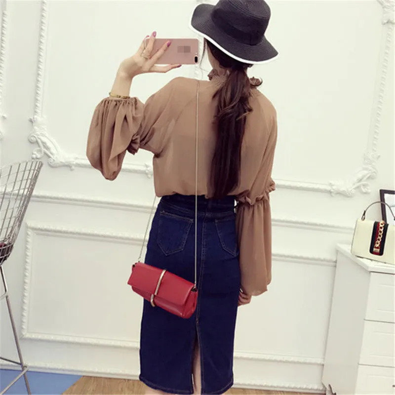 New Female Korea Style Fashion Chiffon Blouses With Wrapped Chest Sexy Shirt woman Blouse Lantern Sleeve Tops 72475 GS