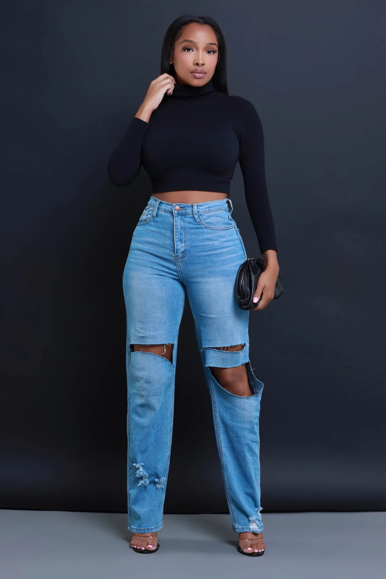 On Call Ribbed Turtleneck Crop Top - Black