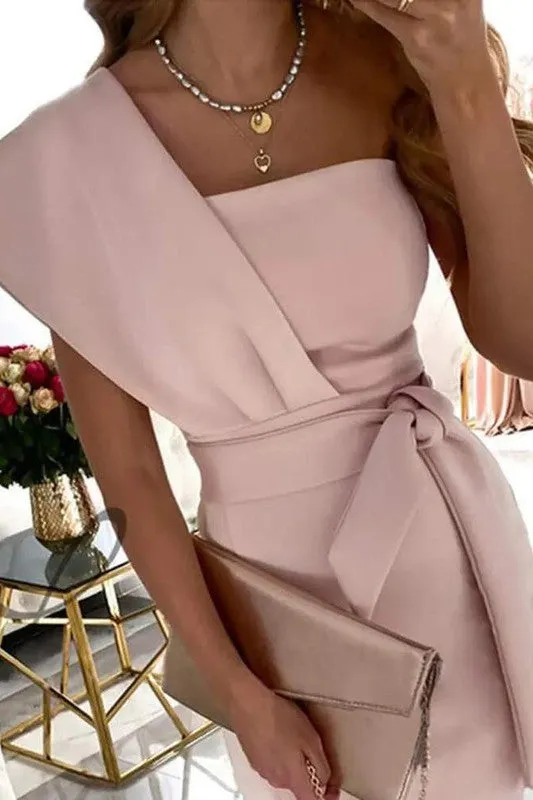 One Shoulder Split Thigh Belted Party Dress