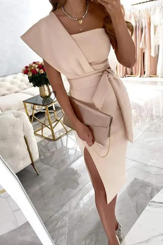 One Shoulder Split Thigh Belted Party Dress