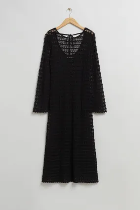 Open Tie-Back Pointelle Knit Dress - Round neck - 3/4 sleeve - Black - Ladies | H&M GB