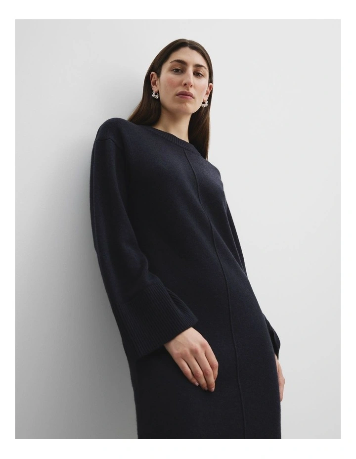 Organically Grown Cotton Blend Crew Neck Knit Dress in Deep Navy