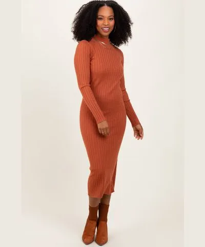 PinkBlush Rust Mock Neck Ribbed Sweater Dress