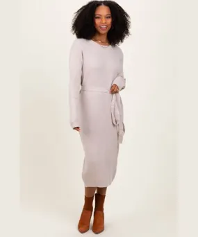 PinkBlush Taupe Waffle Knit Sash Tie Midi Sweater Dress