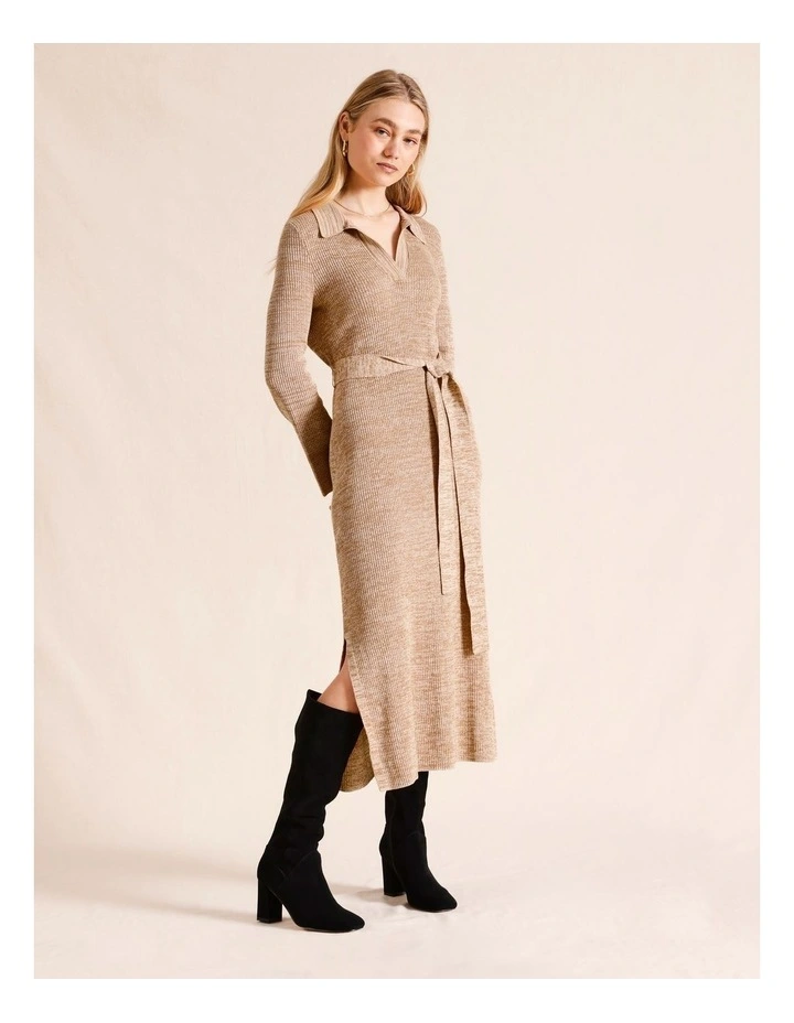 Polo Midi Knit Dress With Collar And Tie in Tan