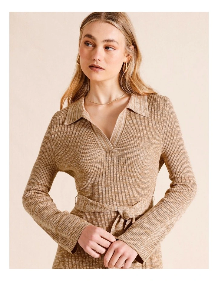 Polo Midi Knit Dress With Collar And Tie in Tan