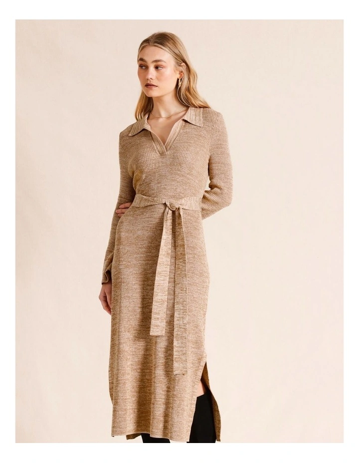 Polo Midi Knit Dress With Collar And Tie in Tan