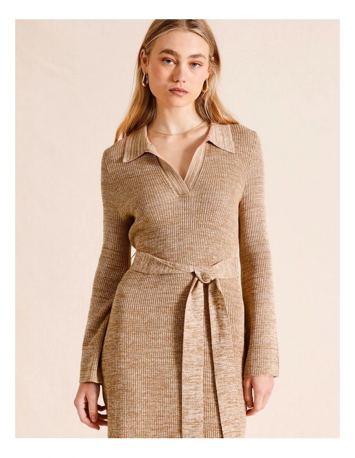 Polo Midi Knit Dress With Collar And Tie in Tan