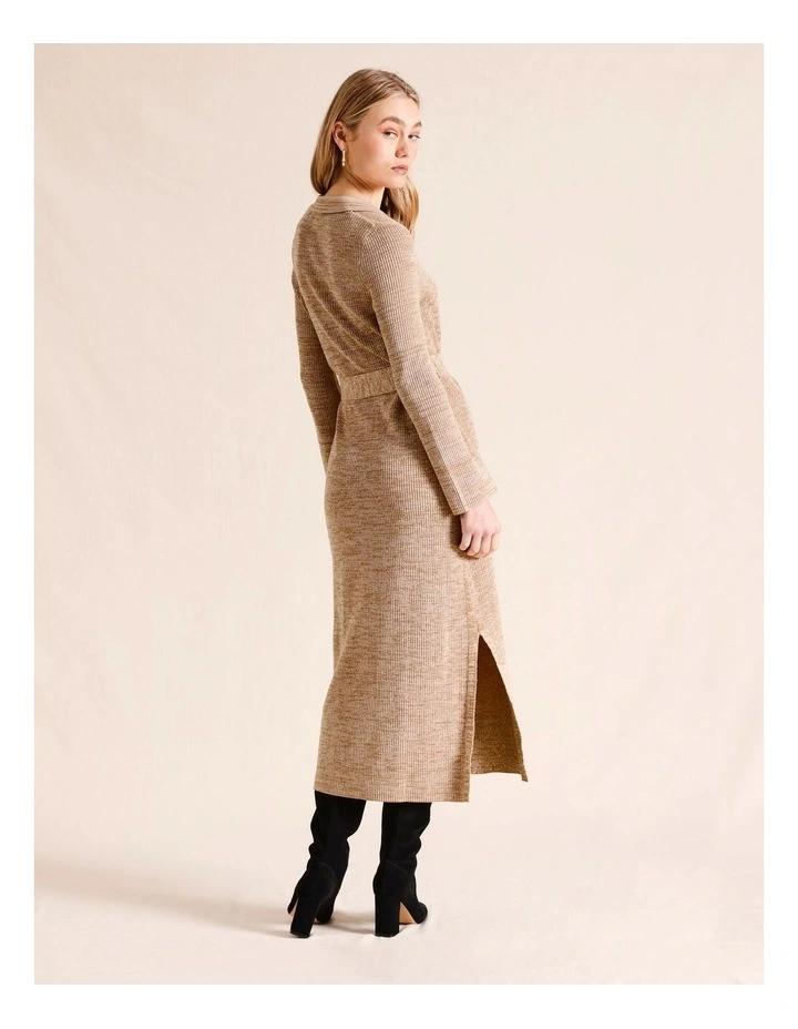 Polo Midi Knit Dress With Collar And Tie in Tan