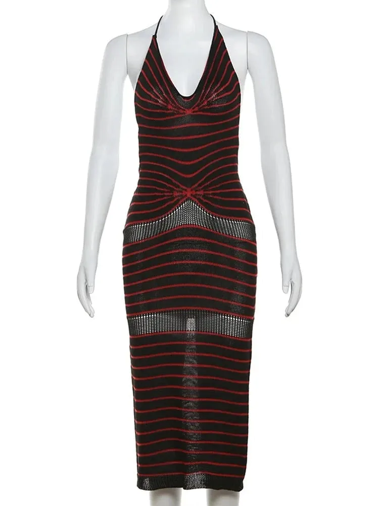 Red Stripe Mesh Detail Midi