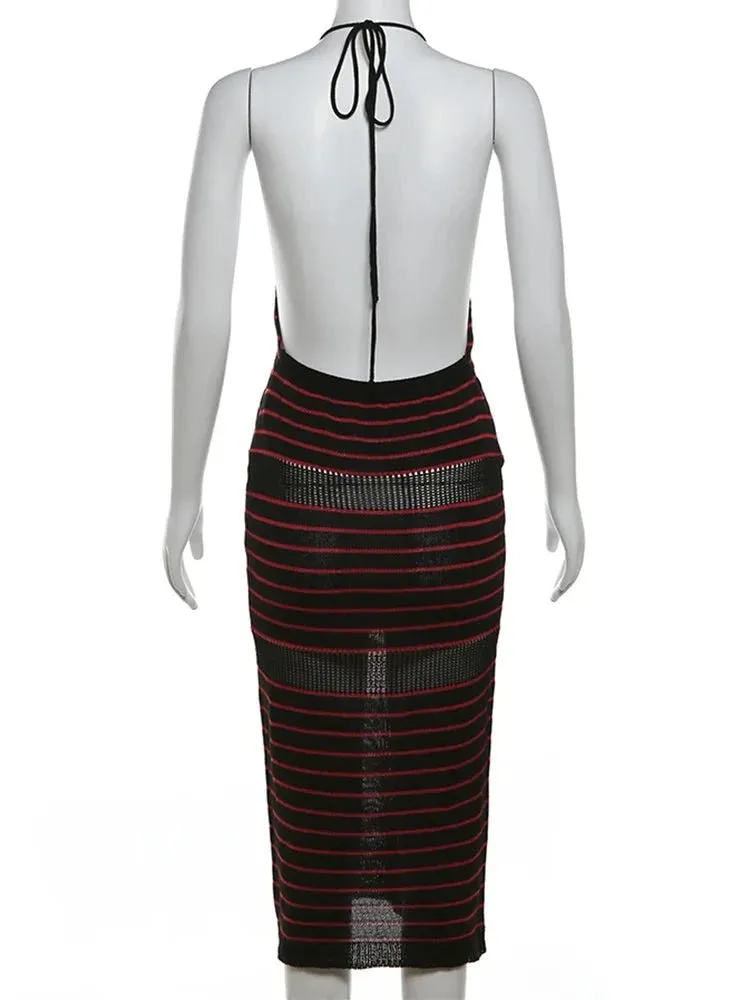 Red Stripe Mesh Detail Midi