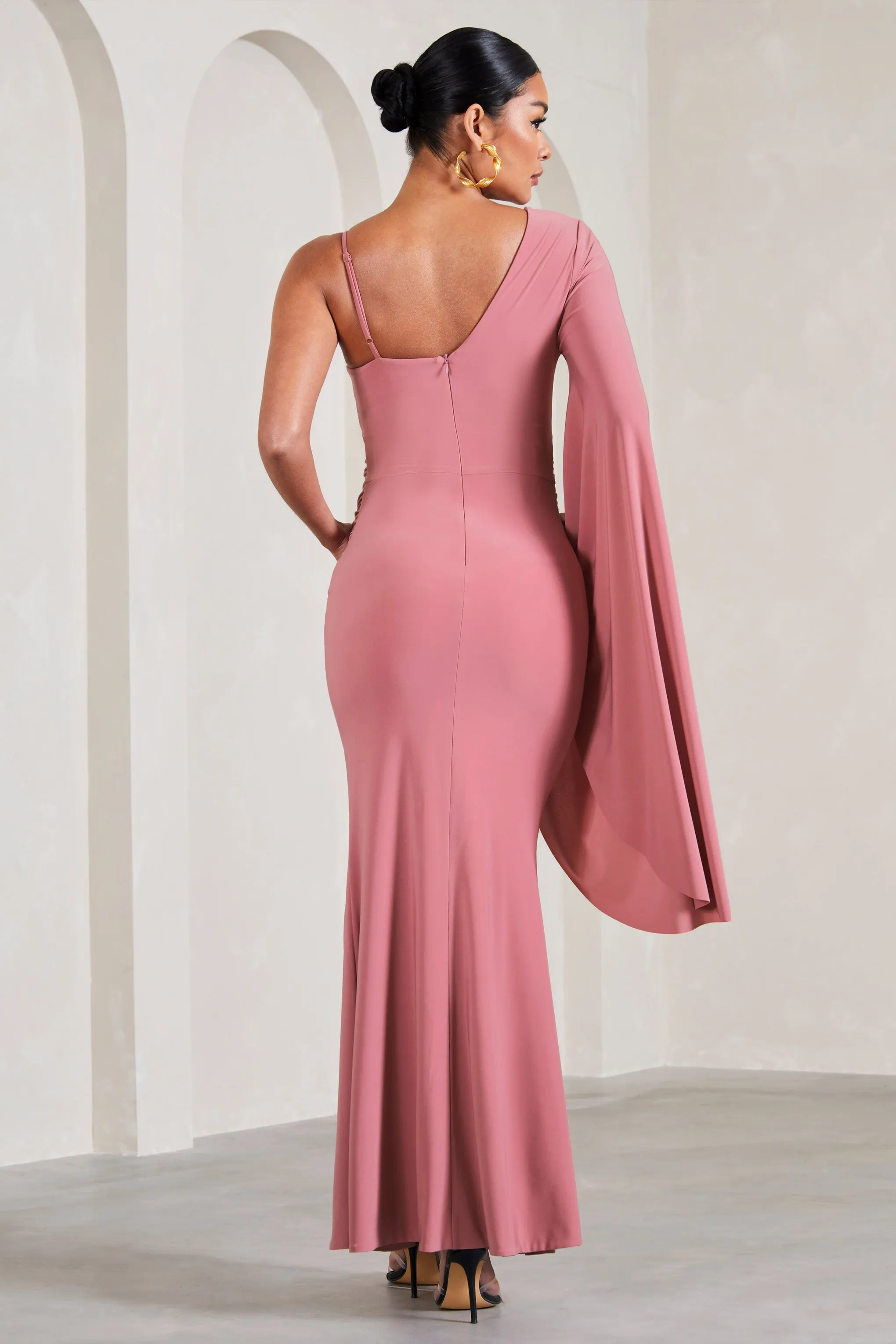 Rhea | Blush Pink V-Neck Split Maternity Maxi Dress With Cape Sleeve