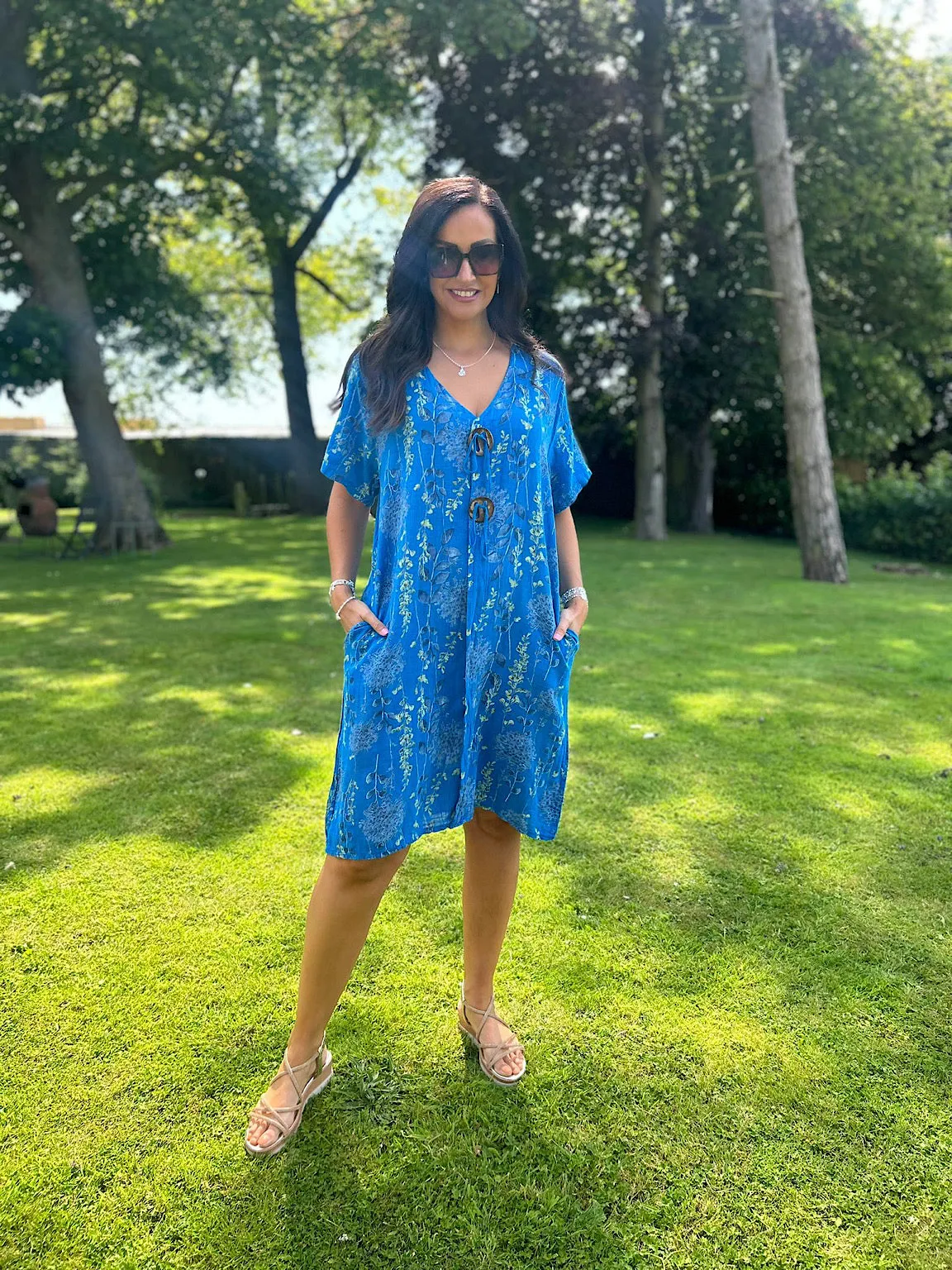 Royal Blue Floral Button Tunic Dress Sandra